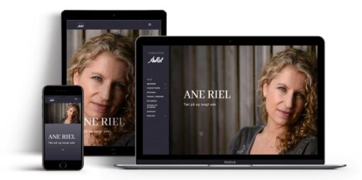 Hjemmeside forfatter Ane Riel vist på forskellige skærmstørrelser