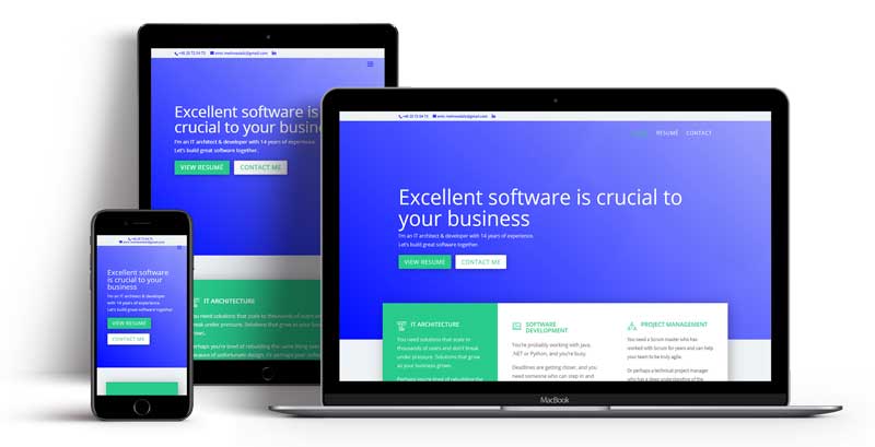 Hjemmeside til software-udvikler i vist på Laptop, Ipad og Iphone