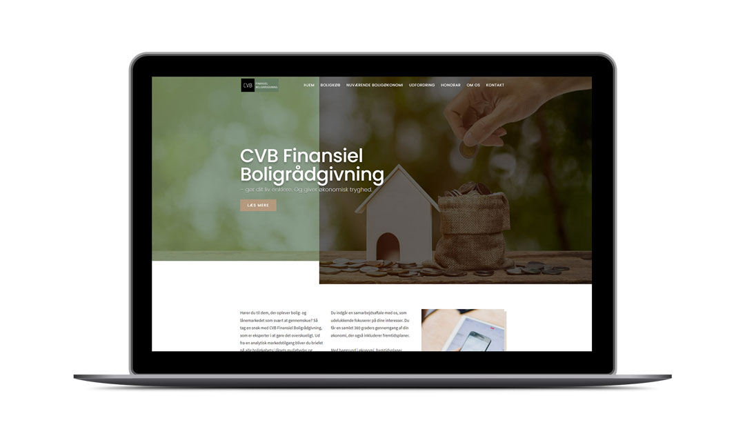 Finansiel rådgiver-hjemmeside vist på en laptop
